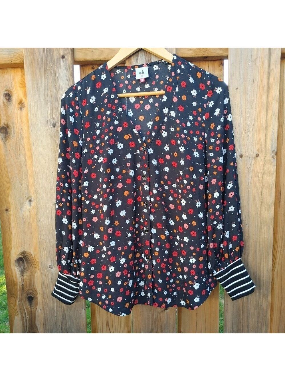 Lovely CABI Floral Blouse Women's XL Deep V neck Striped Cuffs - Picture 2 of 8